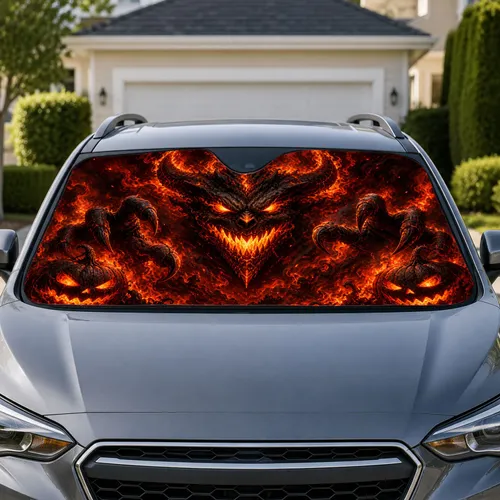 Flaming Horned Demon And Jack O Lanterns For Halloween Gothic Auto Interior Decor Car Sunshade