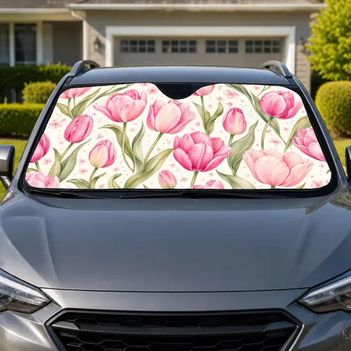 Pink Tulip Watercolor Floral For Spring Road Trips And Garden Lovers Gifts Car Sunshade