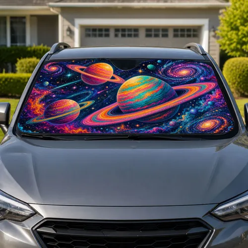 Neon Ringed Planets And Psychedelic Galaxy Space Art For Cosmic Road Trip Lovers Car Sunshade