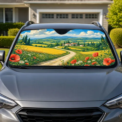 Rolling Countryside Poppies And Farm Cottages For Scenic Road Trips And Daily Commutes Car Sunshade