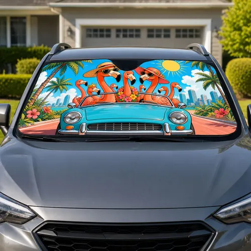 Flamingo Road Trip Cartoon With Tropical Palms For Beach Vacation Getaway Lovers Car Sunshade