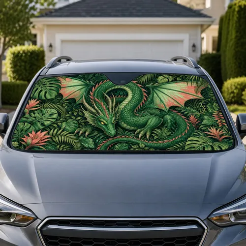 Emerald Jungle Dragon Tropical Foliage Fantasy Gift For Nature Loving Car Drivers Car Sunshade