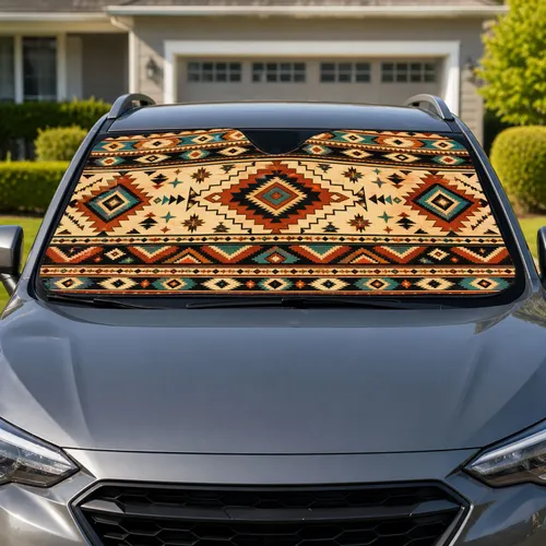 Southwestern Tribal Geometric Textile Road Trip Accessory For Boho Vehicle Owners Car Sunshade