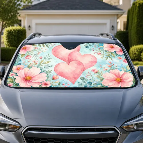 Pink Hearts And Watercolor Flowers For Romantic Gifts And Feminine Car Interior Decor Car Sunshade