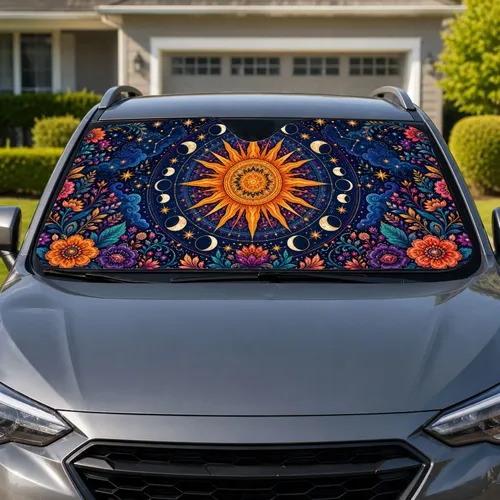 Celestial Sun Moon Floral Boho Decor For Cosmic Road Trips, Festival Travel For Star Lovers Car Sunshade