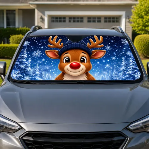 Cute Red Nosed Reindeer Winter Night Decor for Christmas Holiday Drivers and Families Car Sunshade
