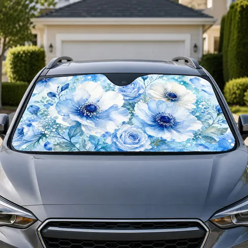 Blue White Watercolor Anemones for Cool Summer Drives and Floral Loving Daily Drivers Car Sunshade