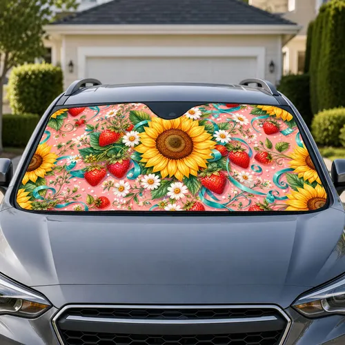 Sunflower Strawberry Daisy Floral for Cheerful Summer Road Trips and Garden Lovers Car Sunshade