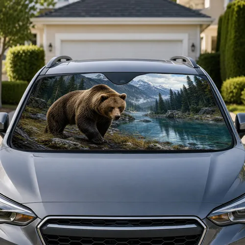 Grizzly Bear Alpine River Landscape For Outdoor Mountain Adventure Drivers And Nature Lovers Car Sunshade