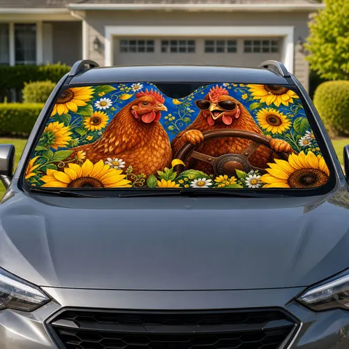 Funny Sunglasses Chicken And Sunflowers For Summer Road Trips And Farmhouse Drivers Car Sunshade