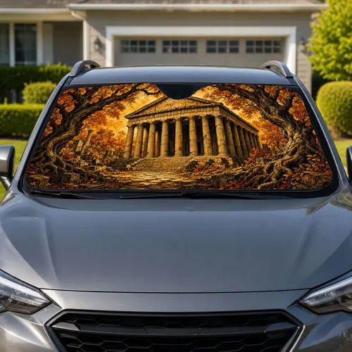 Ancient Roman Temple In Autumn Forest Gothic Classic Road Trip Decor For History Lovers Car Sunshade