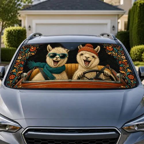 Laughing Alpacas In Vintage Convertible For Fun Travel Road Trips And Animal Lovers Car Sunshade