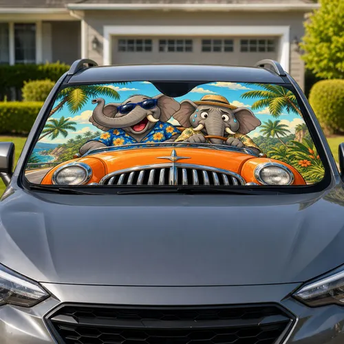 Funny Elephant Convertible Tropical Road Trip Vacation Gift for Adventure Loving Drivers Car Sunshade