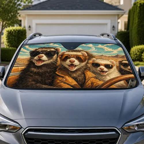 Cheerful Ferrets In Sunglasses On Desert Road Trip For Adventure Loving Pet Owners Car Sunshade