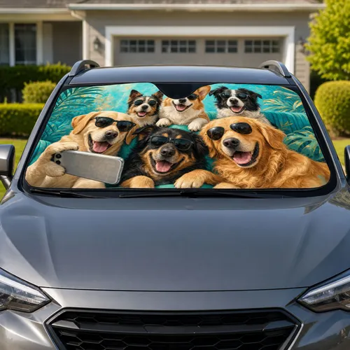 Six Dogs In Sunglasses Selfie For Fun Road Trips, Pet Parents And Dog Lover Gifts Car Sunshade