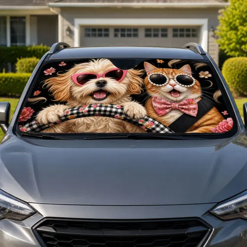 Fluffy Dog Driver And Tabby Cat In Pink Sunglasses Road Trip Gift For Pet Lovers Car Sunshade