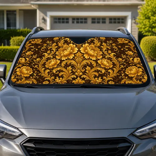 Golden Baroque Floral Damask for Luxury Car Decor, Elegant Driver Gifts and Daily Style Car Sunshade