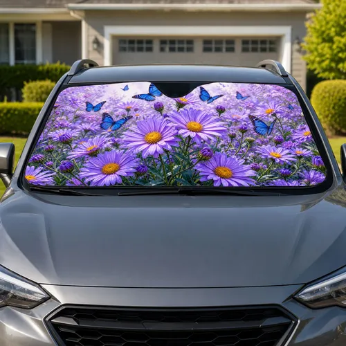 Purple Daisy And Blue Butterfly Meadow For Spring Garden Lovers And Floral Decor Fans Car Sunshade