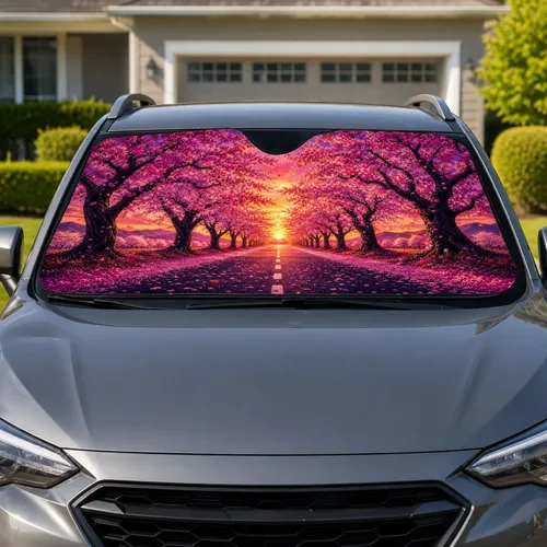 Cherry Blossom Sunset Avenue for Spring Road Trips and Romantic Evening Drive Lovers Car Sunshade
