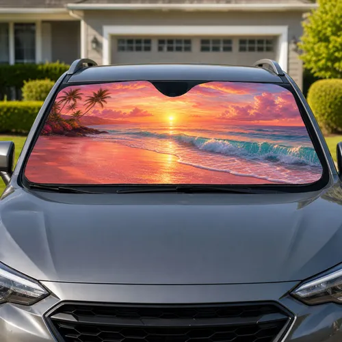 Tropical Beach Sunset Ocean Waves For Summer Road Trips And Coastal Travel Lovers Car Sunshade