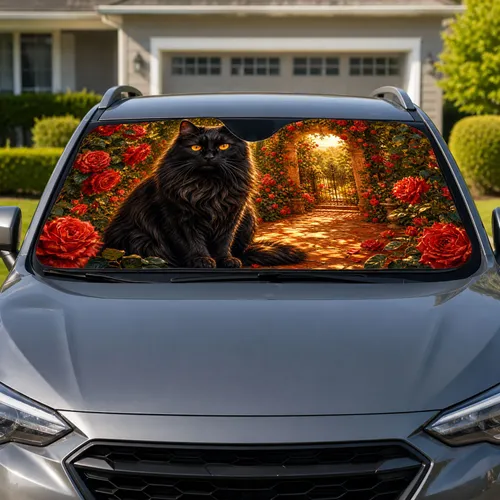 Black Cat Rose Garden Romantic Gothic Anniversary Gift for Feline Art Collectors Car Sunshade