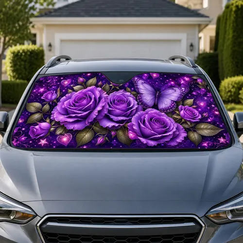Purple Roses And Butterfly For Romantic Valentine’s Day Gifts For Floral Garden Lovers Car Sunshade