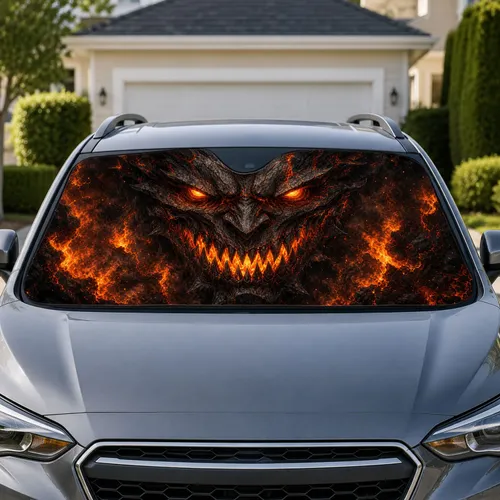 Infernal Stone Demon Face For Gothic Halloween Road Trips And Dark Fantasy Car Lovers Car Sunshade