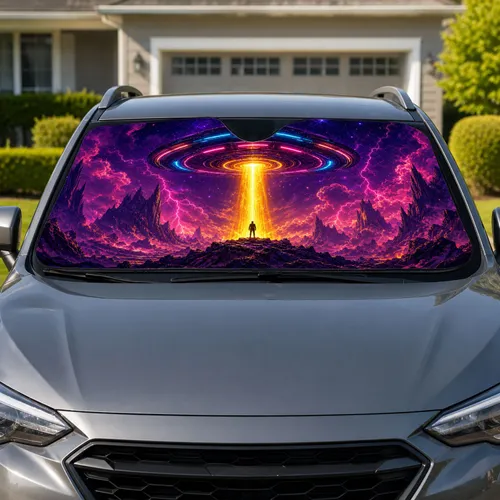 Neon UFO Abduction Over Alien Mountains For Sci-Fi Road Trip And Cosmic Fantasy Fans Car Sunshade