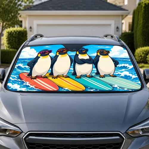 Surfing Penguins In Sunglasses For Beach Road Trips And Coastal Adventure Lovers Car Sunshade