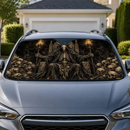 Gothic Skeleton King Skull Throne For Dark Fantasy Drivers And Halloween Road Trips Car Sunshade