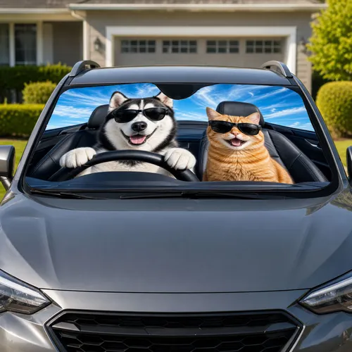 Black And White Husky With Orange Tabby In Sunglasses For Road Trip Loving Pet Owners Car Sunshade