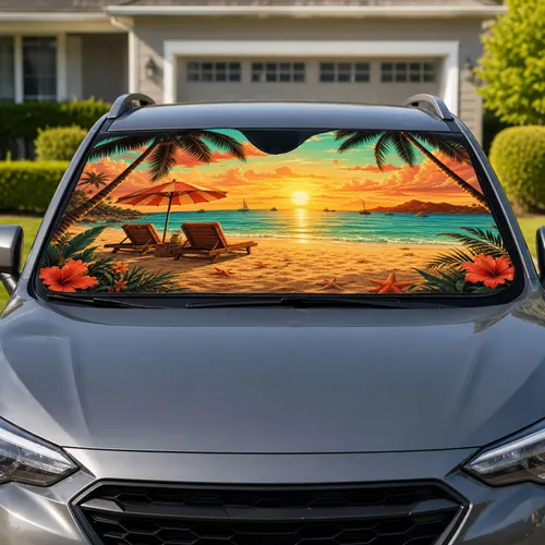 Tropical Sunset Beach With Palm Trees For Summer Road Trips And Coastal Travel Lovers Car Sunshade