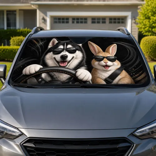 Husky And Bunny Driving Duo For Road Trip Pet Lovers With Sleek Black Sunglasses Car Sunshade