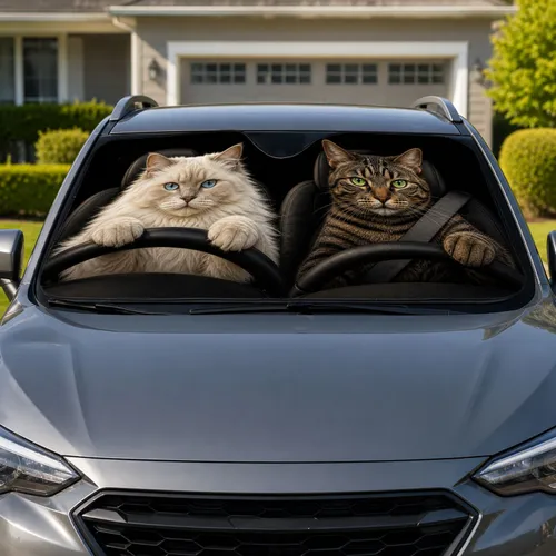 Realistic Driving Cats In Dark Auto Interior Road Trip Gift For Cat Loving Drivers Car Sunshade