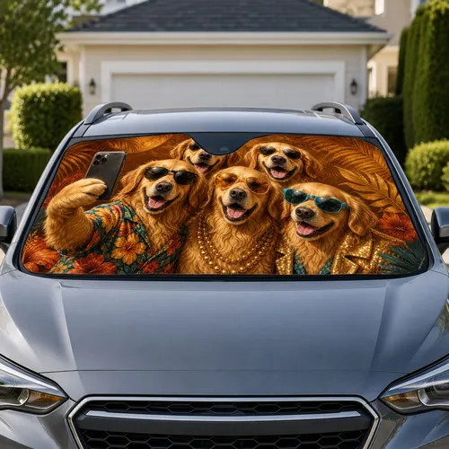 Golden Retriever Road Trip Selfie Tropical Vacation Style For Dog Lovers Gift Idea Car Sunshade