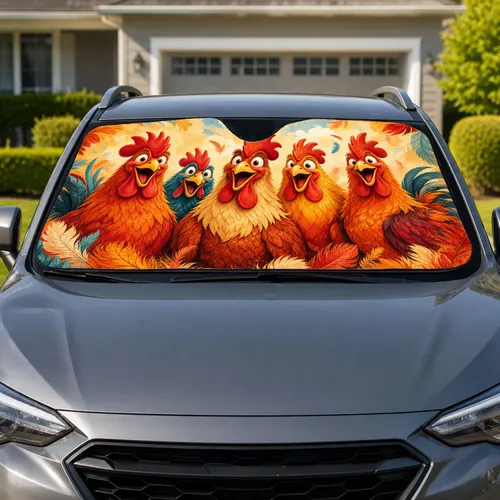 Funny Cartoon Rooster Flock For Farmhouse Daily Road Trips And Chicken Loving Drivers Car Sunshade
