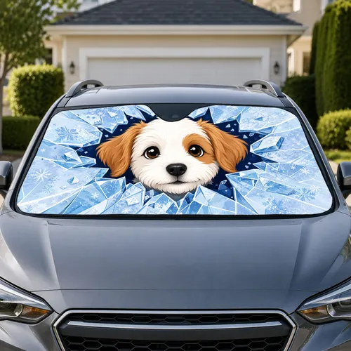 Cute White And Tan Puppy Breaking Through Icy Glass Dog Lover Road Trip Gift Car Sunshade