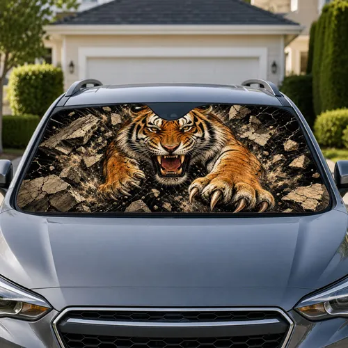 Roaring Bengal Tiger Breaking Stone Wall For Bold Driver Style And Wildlife Fans Car Sunshade