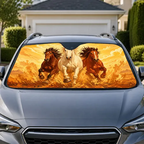 Galloping Horses in Golden Desert Dust Road Trip Accessory for Equestrian Drivers Car Sunshade
