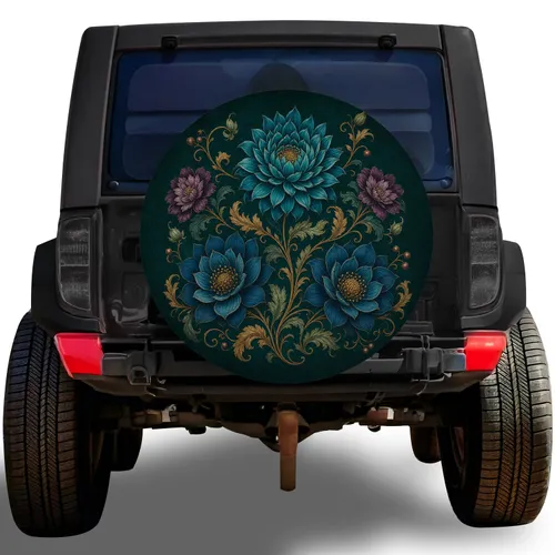 Teal Chrysanthemum Lotus Florals With Gold Vines For Boho SUVs Road Trip Travel Spare Tire Cover