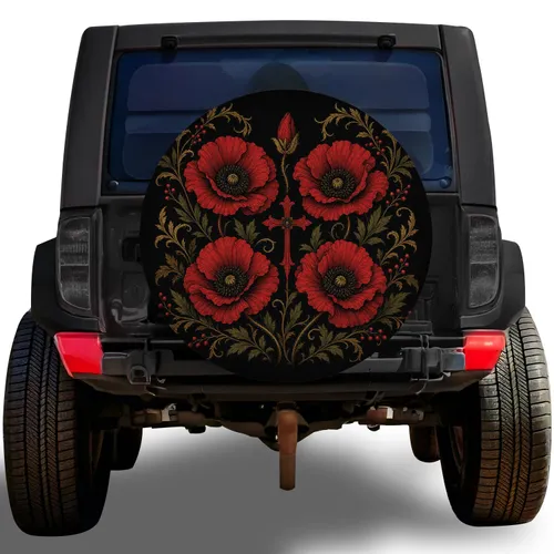Scarlet Poppy And Golden Vine Emblem For Gothic Garden Road Travel Style Enthusiasts Spare Tire Cover
