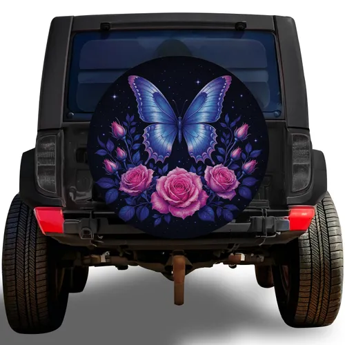 Blue Butterfly And Pink Roses Midnight Garden Art For Elegant SUV Travel Style Lovers Spare Tire Cover