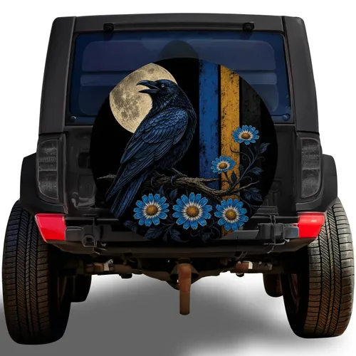 Midnight Raven Moon And Blue Daisy Gothic Road Trip Decor For Bird Lovers Gift Idea Spare Tire Cover