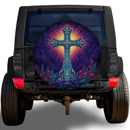 Ornate Christian Cross Night Garden Faith Gift For Spiritual Road Trip Travelers Spare Tire Cover