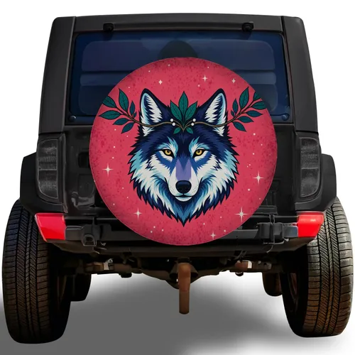 Colorful Wolf Head With Botanical Crown For Outdoor Adventure Vehicle Enthusiasts Spare Tire Cover
