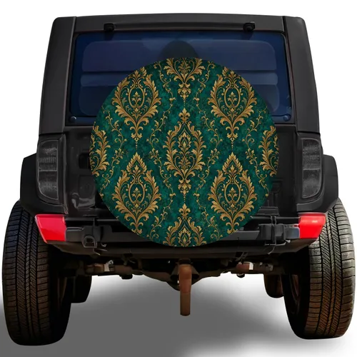 Teal And Antique Gold Damask Motifs For Elegant Vintage SUV Adventure Styling Spare Tire Cover