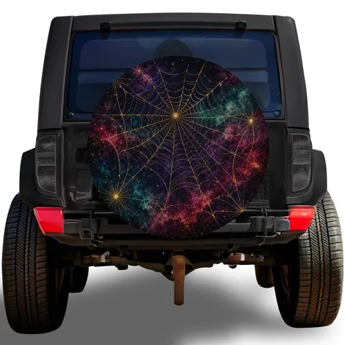 Golden Spiderweb Celestial Night Sky For Gothic Off Road Halloween Travel Enthusiasts Spare Tire Cover