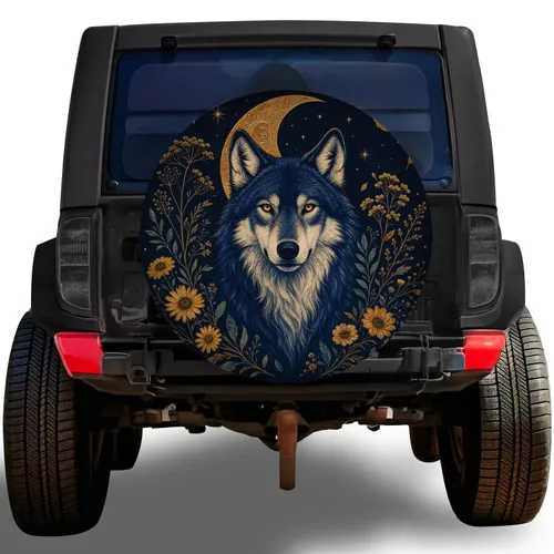 Blue Wolf Crescent Moon Botanical Night Decor For Outdoor Adventure Vehicle Owners Spare Tire Cover