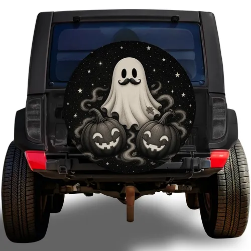 Spooky Gentleman Ghost With Jack O Lantern Pumpkins for Halloween SUV and RV Decor Spare Tire Cover