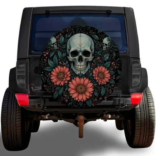 Gothic Floral Skull For Off Road Jeep SUV Halloween Adventure And Tattoo Style Lovers Spare Tire Cover